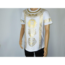 Mens PLATINI Sports Shirt With Rhine Stones Lion Medallion Chain SS3614 White image 4