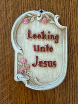 Vintage Cream w Tiny Pink Roses LOOKING UNTO JESUS Faux Wood Small Relig... - $9.49