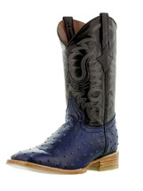 Mens Blue Cowboy Boots Real Leather Pattern Ostrich Quill Western Square Toe - £85.99 GBP