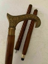 Brass Handle Wood Victorian Walking Stick Cane Vintage Spiral Carved 37&quot; Gift - £26.70 GBP