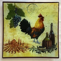14” Large Art Glass Square Plate / Platter Farm House Chicken Rooster Grape Wine - £27.87 GBP