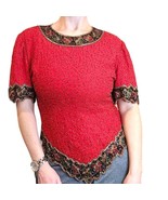 VTG 80s 90s Medium Red Silk Beaded Cocktail Blouse Statement Special Occ... - £29.67 GBP