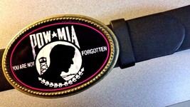 POW - MIA &quot;You Are Never Forgotten&quot;   Epoxy  Buckle &amp; Black bonded leath... - £18.09 GBP