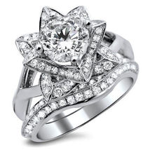 Lotus bridal Wedding Engagement Ring 2ct Diamond 14K White Gold Over - £67.26 GBP