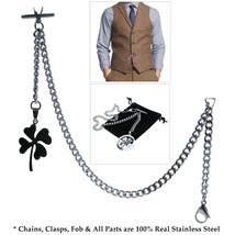 Albert Chain STEEL Pocket Watch Chain Men Fob Chain Lucky Four Leaf Fob T Bar 15 - £18.77 GBP