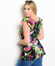 Viva You Ladies Top Floral Cap Sleeves Fitted Waist Notched Neck Black S... - £19.59 GBP