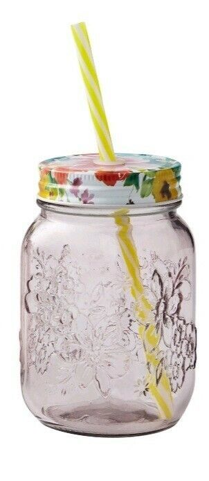 Pioneer Woman ~ Sunny Days ~ 16 oz Mason Jar Drinking Glass ~ Lid & Straw ~ Rose - $22.44