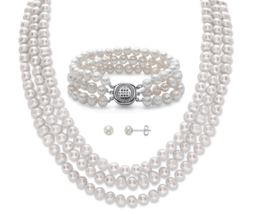 Grey Freshwater Cultured Pearl Earrings Necklace Bracelet Set Triple Strand - £236.06 GBP