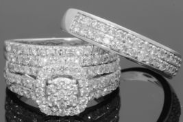 14K White Gold Over Wedding Simulated Diamond Trio His Her Engagement Ring Set - £104.22 GBP