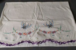 Vintage Hand Embroidered Pillowcase Flowers Butterflies Crochet Edging 2... - $277.93 MXN