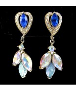BIG BLUE BOLD EARRINGS Vintage Clip On Aurora Borealis Dangle Goldtone 2... - $27.32 CAD