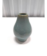 Art Pottery Bud Vase Crystalized Teal Glaze Celadon Brown Rim Branded VT... - £38.83 GBP