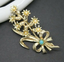 Beautiful Vintage Floral Corsage Faux Pearl Turquoise Bow BROOCH Pin Jewellery - £7.89 GBP