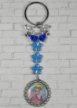 Princess Peach Flower Crystal Beaded Handmade Split Ring Keychain Blue New - £13.39 GBP