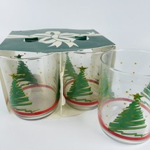 3 Libbey Christmas Tree Drinking Glasses Green Gold Stars Red Stripe In ... - $14.65