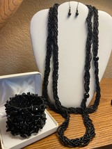 Black Beaded Braided Rope Necklace Stretch Bracelet and Earrings Set - £18.34 GBP