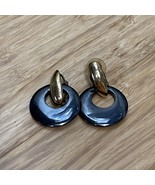 Vintage Blue Gold Hoop Clip On Earrings Fashion Jewelry  80s Casual  KG - $9.89