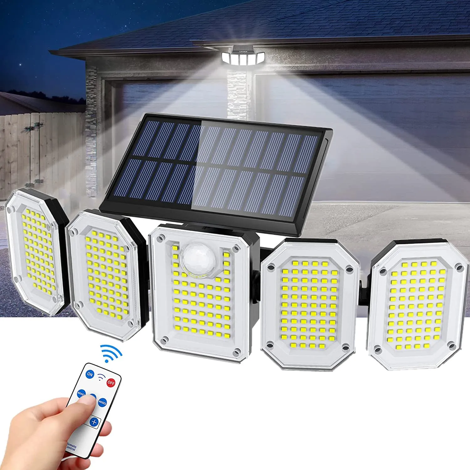 Solar Outdoor Lights Motion Sensor Security Lights 5 Heads 300 LED IP65 Waterpro - £117.52 GBP