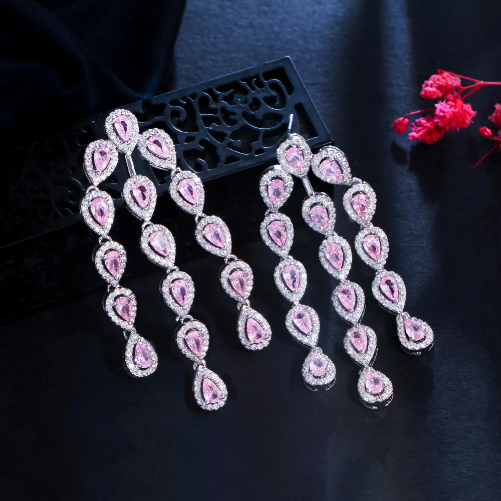 Luxury Designer Dangly Tassel Drop Pink Cubic Zirconia Crystal Long Earrings for - £22.37 GBP