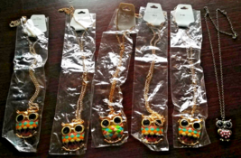 Owl Necklace Lot Jewelry Pendant Chain Gold Tone Enamel Bird Boho Vintage Style - $20.86