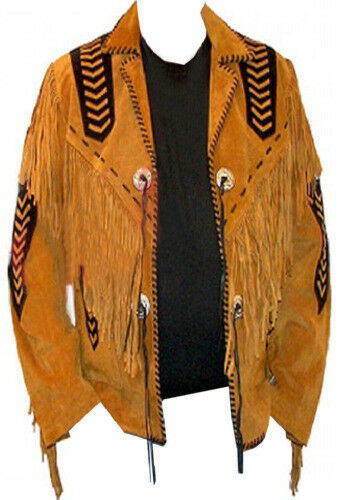 Two Tone Western Style Yellow Black Beaded Suede Leather Concho Fringed Jacket