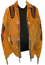 Two Tone Western Style Yellow Black Beaded Suede Leather Concho Fringed Jacket - £133.16 GBP