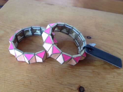 NEW Pair J Crew Pyramid Stud Metal Enamel Pink Punk Stretch Bracelet Bangles NWT - $79.99