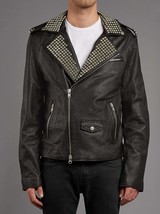 Men&#39;s Black Color Superior Leather Full Silver Studded Brando Biker Style Jacket - £169.83 GBP