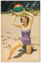 Postcard Catch Young Lady Bathing Suit On Sandy Beach With Beach Ball - $10.28