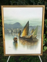 Dillion Original 1960s Mid Century Modern Harbor Seascape Vintage Oil On Canvas - $640.00