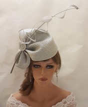 SILVER Grey Hat fascinator large saucer hatinator long Quil  Church Derby Royal  - £53.43 GBP