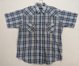 Plains Western Wear Mens Shirt Short Sleeve Pearl Snap Size XL Polyester Blue - $14.68