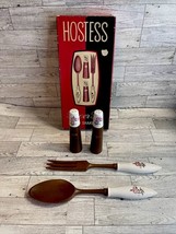 Hostess Server Set Salt And Pepper Shakers Teak Wooden Spoon And Fork •READ• - £10.34 GBP