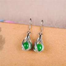 Natural Green Jade Round Bead Drop Earrings 925 Silver Carved Charm Jewellery Ac - £8.21 GBP