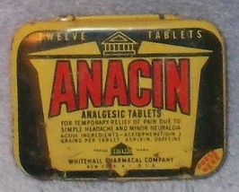 Vintage Anacin Twelve Tablet Tin Whitehall Pharmacy Ca 1940&#39;s - £6.30 GBP