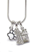 Crystal Dog Paw Bone and House Charm Necklace White Gold - £11.99 GBP