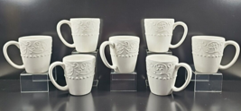 7 American Atelier Bianca White Scroll Mugs Set Emboss Dot Drink Coffee ... - £62.97 GBP