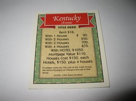 1995 Monopoly 60th Ann. Board Game Piece: Kentucky Avenue Property Deed - $1.00