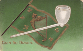 St Patricks Day~Gilt Harp &amp; Shamrocks On FLAG-WHITE PIPE-ERIN Go Bragh~Postcard - £7.53 GBP