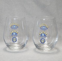 Stemless Wine Glasses Evil Eye Blue &amp; Gold Enamel Barware Set of 2 Tumblers - $25.74