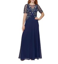 ADRIANNA PAPELL Womens Navy Beaded Sequined Zippered Lined Short Sleeve ... - $140.24