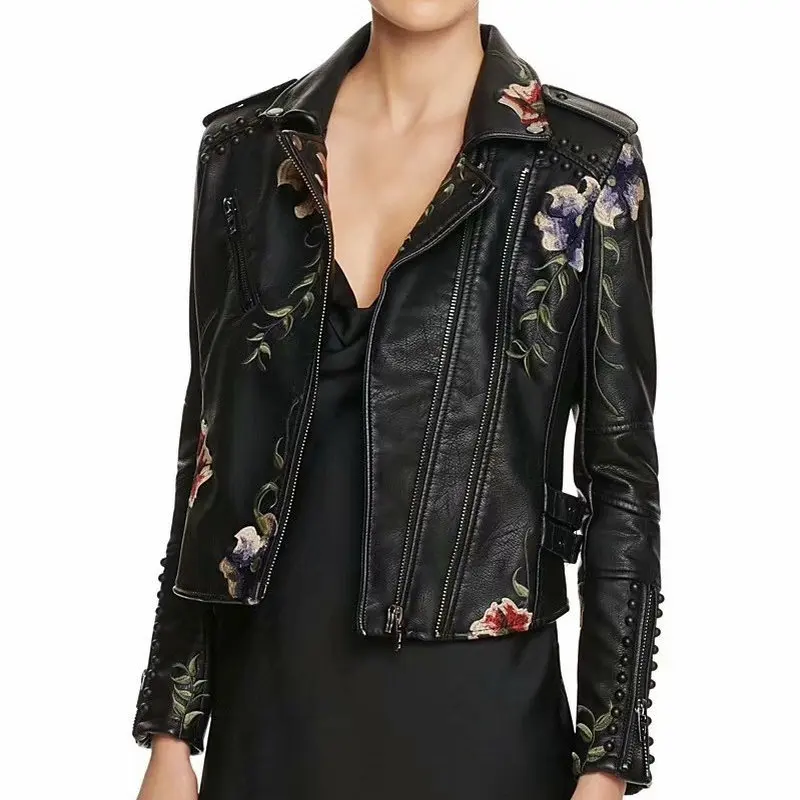 2025 Autumn Winter Floral Print Embroidery Faux Leather Jackets Women Ja... - $70.00
