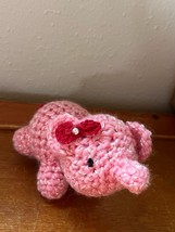 Very Cute Small Pink Crocheted Stuffed Pig Piglet w Red Bows in Ear &amp; Tail –  - £8.95 GBP