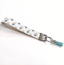 Wristlet Key Fob Keychain Faux Leather Bees Animals with Blue Tassel New - £5.86 GBP