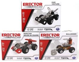 Lot of 3 Erector by Meccano Bolts Construction Kit Mini Car Bulldozer Race Car - £8.75 GBP