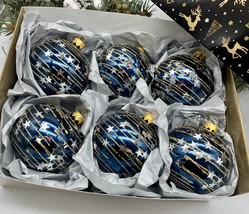 Set of 6 blue with stars Christmas glass balls, hand painted ornaments with box - £57.13 GBP