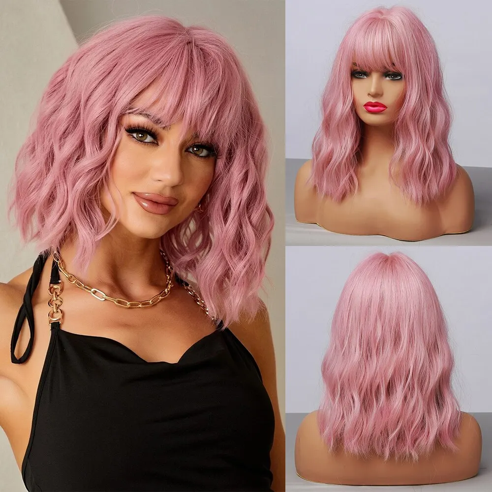 HAIRCUBE Wavy Synthetic Wig With Bangs Short Bob Pink Wigs Curly Wavy Should - £10.04 GBP+