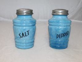 Delphite Blue Glass Round Salt and Pepper Shakers Ribbed Depression Retro Style - £11.98 GBP