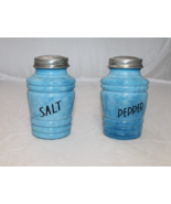 Delphite Blue Glass Round Salt and Pepper Shakers Ribbed Depression Retro Style - £12.17 GBP