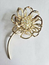 Vintage Sarah Coventry 3 1/2&quot; AB Rhinestone Flower Gold Tone Pin Brooch - $17.81